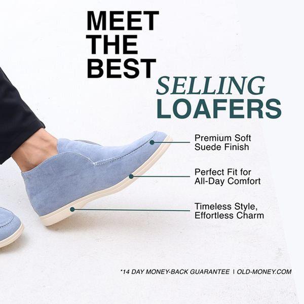 loafers, slip on shoes, casual shoes, dress shoes, suede shoes, bestseller push, product launch, minimalist, trustworthy, calm, blue, neutral